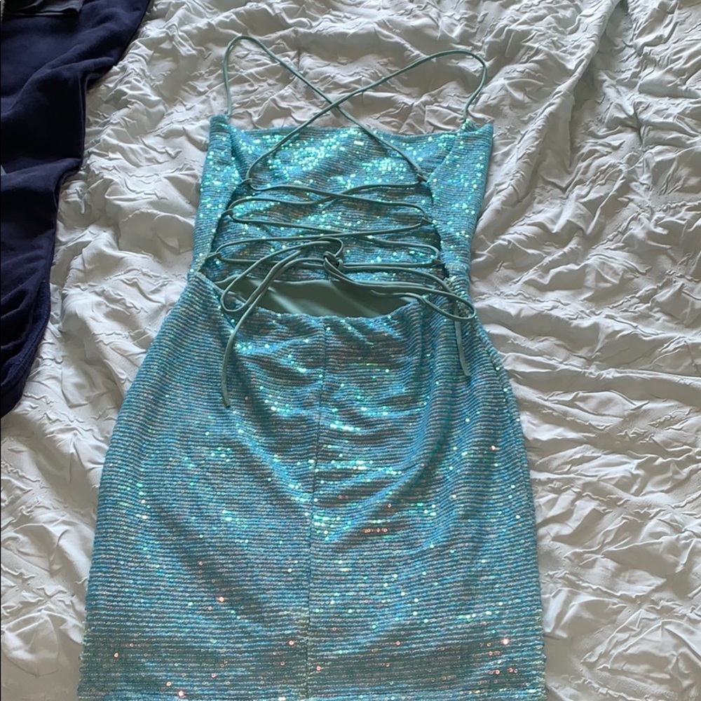 sequin cowl neck dress in teal blue, lace up back